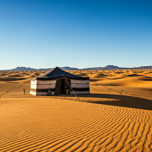 Luxury canvas tents in the Sahara desert at dusk with glowing lanterns