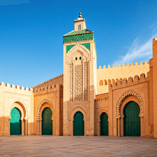 Grand Moorish architecture in Casablanca bathed in warm afternoon sunlight